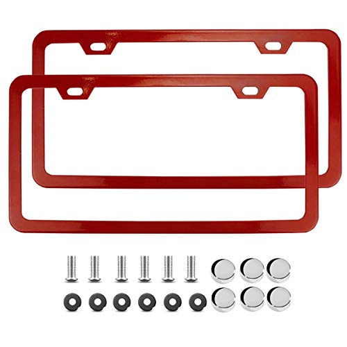 Deselen Red License Plate Frame, Stainless Steel with 2 Holes Screw Cap, Poinsettia Red (Pair)