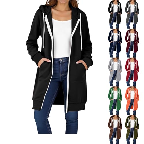 Ladies Hoodies With Zip Womens Zip Up Hoodie Ladies Longline Sweatshirts Casual Long Sleeve Jacket Loose Hooded Coat Plus Size Outwear Hoody with Pockets Grey Up Hoodie