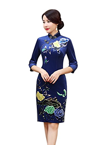 ACVIP Women Flower and Butterfly Printed Velvet Chinese Dress Cheongsam