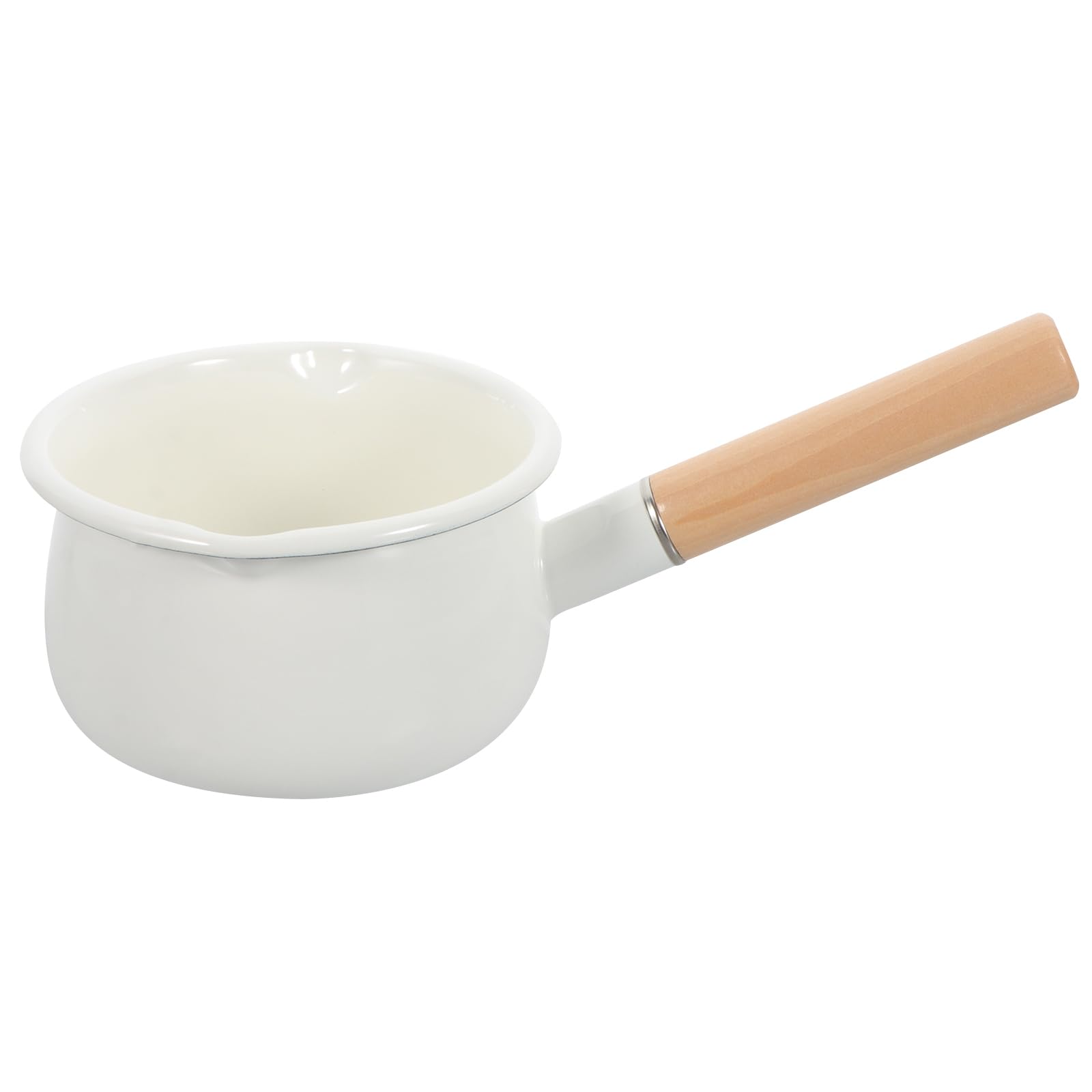 HANABASS 1PC Enamel Milk Pot, Enamel Stockpot Non- Stick Mini Saucepan Butter Warmer with Pour Spout and Wooden Handle for Tea Coffee Egg Boiling Small Cookware