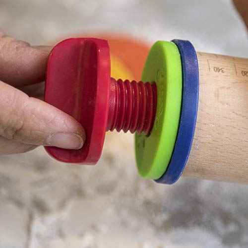K BASIX Beech Wood Adjustable Rolling Pin with Multicolored Removable Rings Classic for Baking Dough Pizza Pie and Cookies