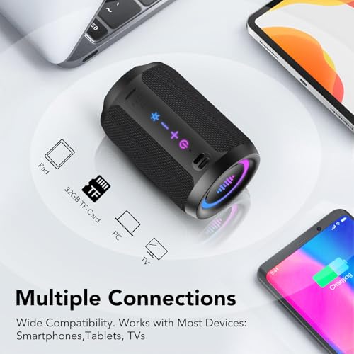 Bluetooth Speaker Wireless with Stereo Sound & Mic for Calls, Bluetooth 5.4 Portable Speaker with 12H Playtime, 6 RGB Lights & TWS Pairing, IPX7 Waterproof Outdoor Speaker for Home, Hiking, Party