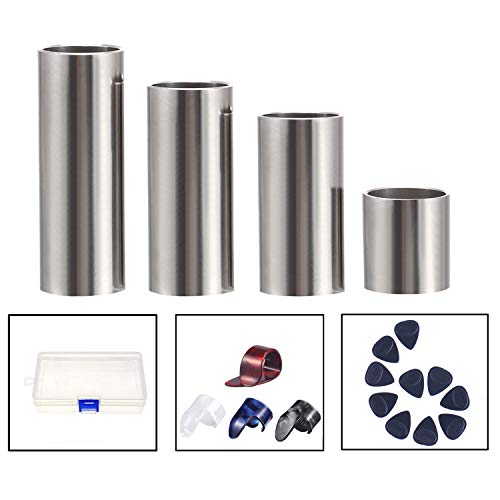 Guitar Slides Set 4 Size Stainless Steel Slide 4 Pcs Celluloid Thumb Finger Picks 10 Pcs Guitar Picks with Box Gift for Guitar Bass Ukulele Banjo Player