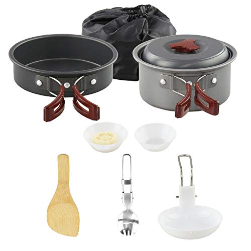 New South Camping Cookware Mess Kit Backpacking Gear & Hiking Outdoors Bug Out Bag Cooking Equipment Cookset | Lightweight, Compact, Durable Pot Pan Bowls – Free Folding Spork, Nylon Bag