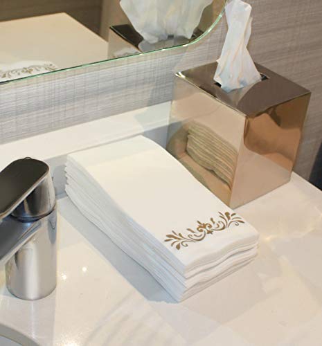 CAVEPOP Gold Dinner Napkins, Disposable Party Napkins, Paper Napkins Decorative, Linen Feel Disposable Hand Towels for Wedding, Guest Bathroom & More - White with Gold, 100 Pack, 8.25 x 4 Inches - Thumbnail 3