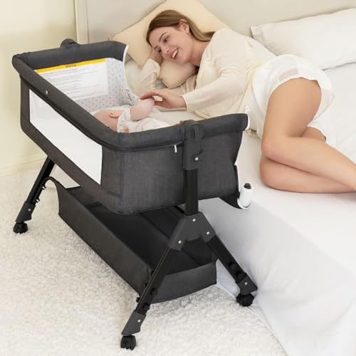Baby Bassinet Crib, Bedside Bassinet for Baby, 3 in 1 Bassinet Bedside Sleeper with Wheels, Mosquito Net, Adjustable Easy Folding Portable Baby Bed for Infant Newborn