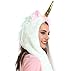 Plush Unicorn Adult Hood Hat with Scarf and Paw Pockets for Women White