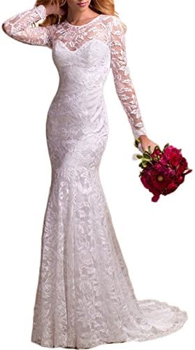 BKSKK Women's Elegant Lace Long Sleeve Bride Mermaid Dress Wedding Dress (US 20W, Ivory)