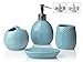 Designer 4-Piece Bathroom Accessory Set – Ceramic Bath Set w/Liquid Soap or Lotion Dispenser, Toothbrush Holder, Tumbler and Soap Dish – Decorative Set w/Embossed Details – Modern Vanity Accessories