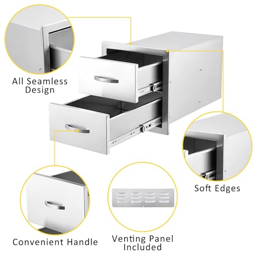 Garvee Stainless Steel Outdoor Kitchen Drawers, Flush Mount Built-in BBQ Drawer with Ventilation Panel - Weatherproof Drawer for Grill Island, Patio Cabinet Storage, 2-Drawer, 14"W×15"H