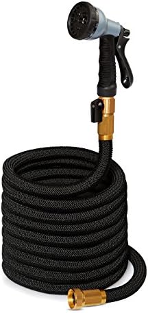 Hosely New 50ft Expanding Water Garden Hose Solid Brass Connecters on/off Valve Flexible Double Latex Tube Strong Outer Fabric Kink Free Includes Nozzle 8 Pattern Spray Plastic Hanger Storage Bag