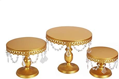 VILAVITA 3-Set Antique Cake Stand Round Cupcake Stands Metal Dessert Display with Pendants and Beads, Gold