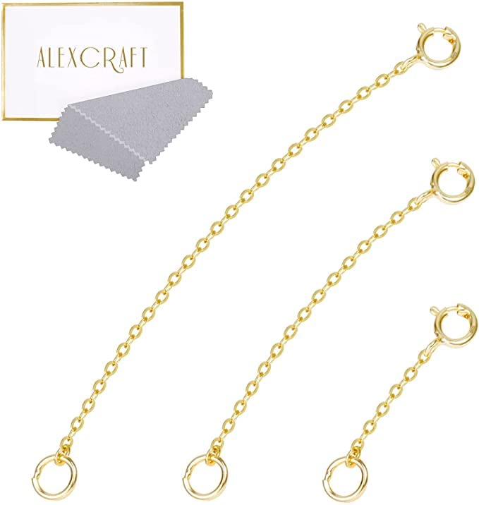 ALEXCRAFT Gold Necklace Extender, 3 Pcs Sterling Silver Chain Extender for Necklace 14k Gold Plated Bracelet Anklet Extender (1, 2, 3 inch)