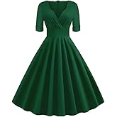 Women Vintage 1950s V-Neck Rockabilly Swing Audrey Hepburn 50s Pinup A-line Cocktail Tea Party Dress