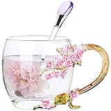 QIQIHOME Women's Unique Novelty 3d Flower Glass Coffee Mugs Cups With Spoon Perfect for Espresso, Water, Juice, Tea, Hot Drinks, Latte, Milk WITH Luxury Gift Box,(Plum blossom red, 9cm tall)