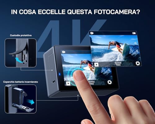 GA300 Action Cam 4K, Fotocamera Subacquea 40m Impermeabile con Scheda 32GB, WiFi 60FPS 24MP, 8x Zoom Grandangolo 170° EIS, Touchscreen, 2 Batterie 1350mAh, Doppio Microfono