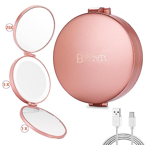 B Beauty Planet Led Compact Mirror with Lights and Magnification, Small 1X 5X 25X Travel Magnifying Mirror, 4