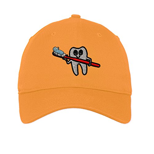 Tooth Holding Toothbrush Embroidered Soft Low Profile Hat Golden Yellow