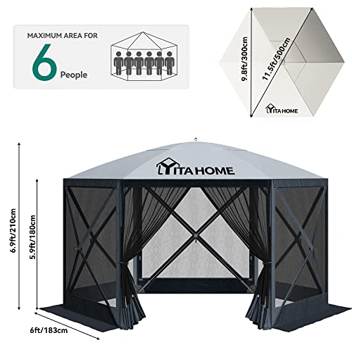 YITAHOME 11.5x11.5ft Camping Gazebo, Portable Pop Up Canopy Outdoor Screen Tent 6 Sided with Mesh Windows and Carry Bag for Camping, Picnic, Backyard Party Outside Activities, Gray image 25