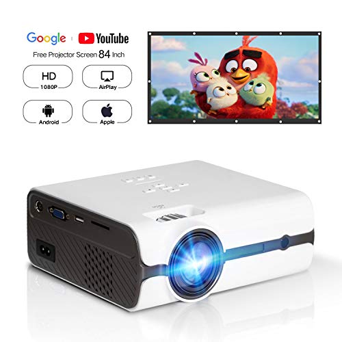 HD 1080P Video Projector with Portable Screen 84″ for Indoor Outdoor Use, Home Theater Projector Support USB SD Card VGA AV for Home Cinema TV Laptop Game Smartphone