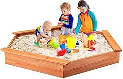 HONEY JOY Kids Sandbox with Cover, Hexagon Wooden
