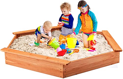 HONEY JOY Kids Sandbox with Cover, Hexagon Wooden