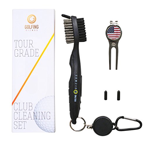Golfing Gizmos Golf Club Brush Cleaner Set/Golf Multi Tool - Premium Tour Grade and Heavy Duty - Ideal Golf Gift for Golfers - Inc Divot Tool - Black