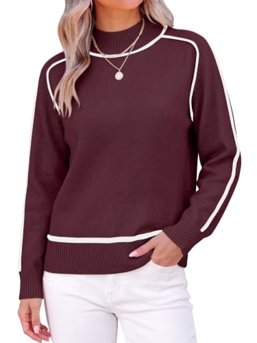 Caracilia Womens Mock Neck Fall Knit Sweaters Loose Pullovers Dark Red at Amazon