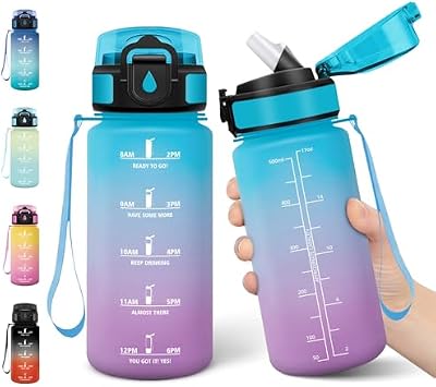 Gourde Enfant, 500 ml Anti-Fuite, Gourde Paille, avec Marqueur de Temps, Bouteille d'eau, Poignée de Transport, Bouteille avec Paille, pour L’école, Sport, Yoga, Bleu Violet