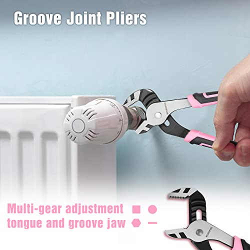 WORKPRO 4-Piece Pliers Set, Premium CR-V Construction Pliers Tool Sets Including Long Nose, Diagonal Cutting, Groove Joint and Slip Joint Pliers(Pink Ribbon)