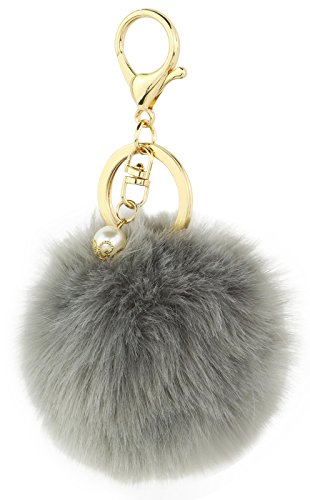 Key Chain Accessories for Women - Grey Faux Fur Ball Charm and Artificial Pearl with Key Ring