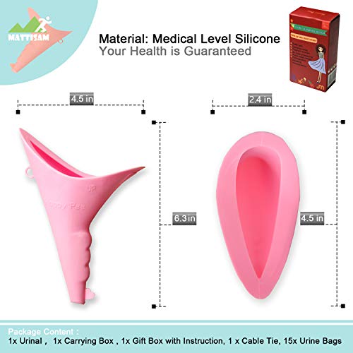 MattiSam Portable Female Urination Device, Discreet Reusable Urinal Funnel | Free Carrying Case, Disposable Urine Bags | Lets You Pee Standing Up, Leakproof, Ideal for Camping, Outdoor, Pregnant Women