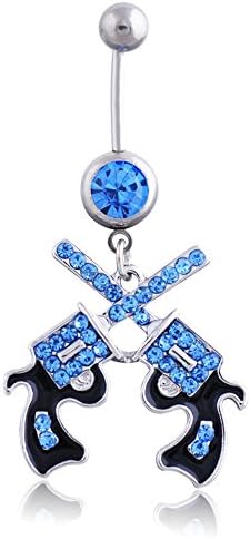 Himerus Exquisite Body Jewelry 316L Surgical Steel West Cowgirl 2 Cross Pistol Guns Belly Button Ring Navel Ring (Blue)