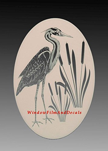 Oval Egret & Cattails Left Etched Window Decal Vinyl Glass Cling - 21" x 33" - White with Clear Design Elements