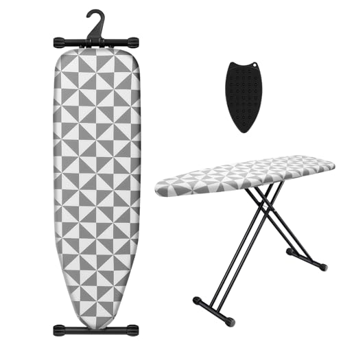 Ironing Board with Silicone Iron Rest pad,Extra Thick Cover,14x54 Compact and Space Saver Iron Board, Height Adjustable,Stable Structure, Easy to Fold, Gray and White