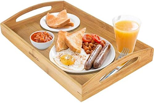Greenco Rectangle Bamboo Butler Serving Tray with Handles (4 Pack)