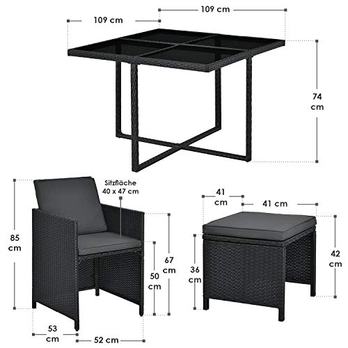 Juskys Polyrattan Sitzgruppe Baracoa L 9-teilig wetterfest, stapelbar - 4 Stühle, 4 Hocker, Tisch mit Glasplatte, Kissen - 8 Personen - Gartenmöbel Set für Garten, Terrasse – Bild 3