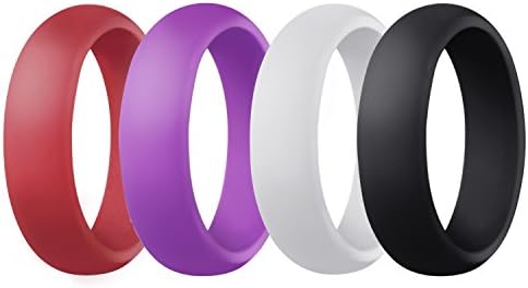 Women's Silicone Wedding Ring Rubber Band - 4 Rings Pack - Black, Red, White, Purple(6.5)