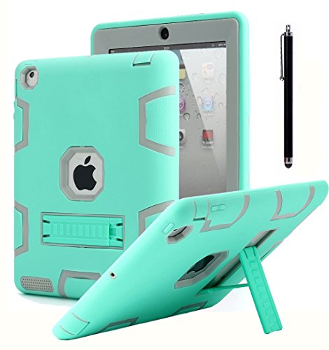 iPad 2 Case,iPad 3 Case,iPad 4 Case, AICase Kickstand Shockproof Heavy Duty High Impact Resistant Rugged Hybrid Three Layer Armor Full Body Protection Case with Stylus for iPad 2/3/4(Mint Blue+Grey)