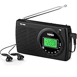Yorek Portable AM/FM Shortwave Radio with Sleep Timer and Alarm Clock Function, Battery Operated Radios, 12/24H Time Display LCD Backlight, Earphone Included