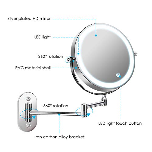 alvorog Wall Mounted Makeup Mirror 8 inches LED Touch Screen Adjustable Light Double Sided 1X/5X Magnifying Vanity Mirror Swivel Extendable for Bathroom Hotels Powered by Batteries (Not Included) - Thumbnail 7