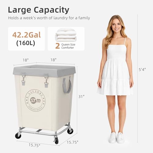 STORAGE MANIAC Commercial Laundry Hamper with Heavy Duty Steel Frame, 160 L Industrial Clothes Basket Cart with Wheels for Hotel, Home, Laundry Room, 18''L x 18''W x 31''H, Medium Beige