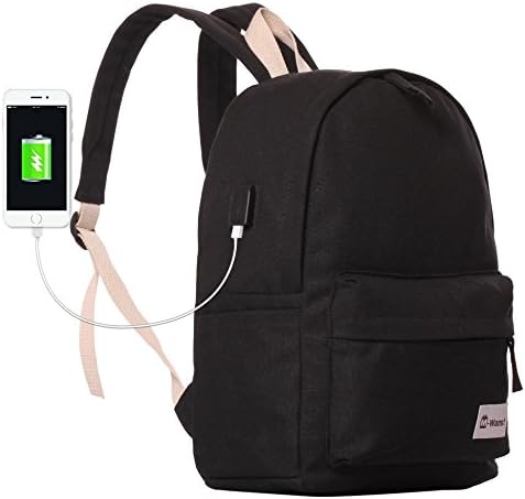 Yayabb Lightweight School Backpack Travel Daypack Canvas Laptop Backpack with USB Charging Port (Medium, Black)