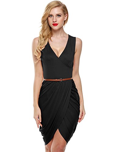 V Neck Sleeveless Sexy Draped Cocktail Club Dress เดรส แฟชั่นชุดทำงาน w/ Belt Meaneor ผู้หญิง Wrap