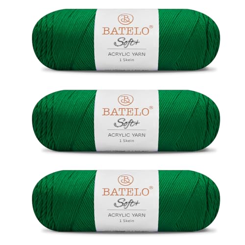 BATELO Soft Emerald Green Yarn 1008 Yards - 3 Pack Acrylic Yarn of 200g/7.5oz - 4 Medium (Worsted) - Crocheting, Knitting, Amigurumi, Craft