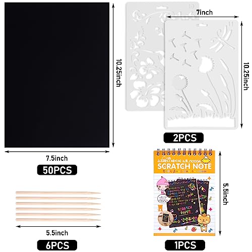 Koogel Scratch Paper Art Set, 50PCS Rainbow Magic Scratch Paper for Kids Scratch Off Art Crafts for DIY Crafts Birthday Gift