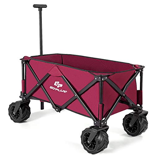 Goplus Collapsible Folding Wagon Cart, Utility Garden Cart Collapsible Outdoor Trolley w/Push Bar for Shopping, Beach, Lawn, Sports