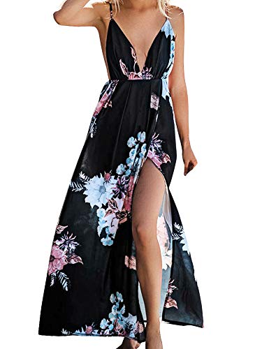 Womens Deep V Neck Floral Prints Backless Split Maxi Dress