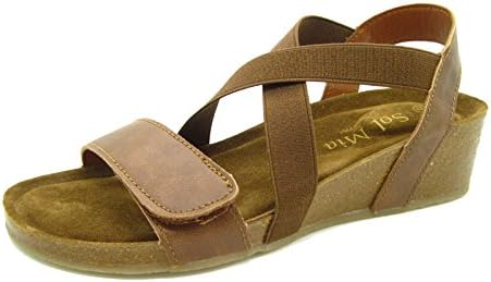 Sol Mia Women's Low Heel Wedge Comfort Sandals Adjustable Elastic Shoes, Brown, 9 B(M)/40 M EU