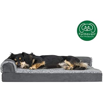 Furhaven Pet Dog Bed | Deluxe Orthopedic Two-Tone Plush Faux Fur & Suede L Shaped Chaise Lounge Living Room Corner Couch Pet Bed w/ Removable Cover for Dogs & Cats, Stone Gray, Medium